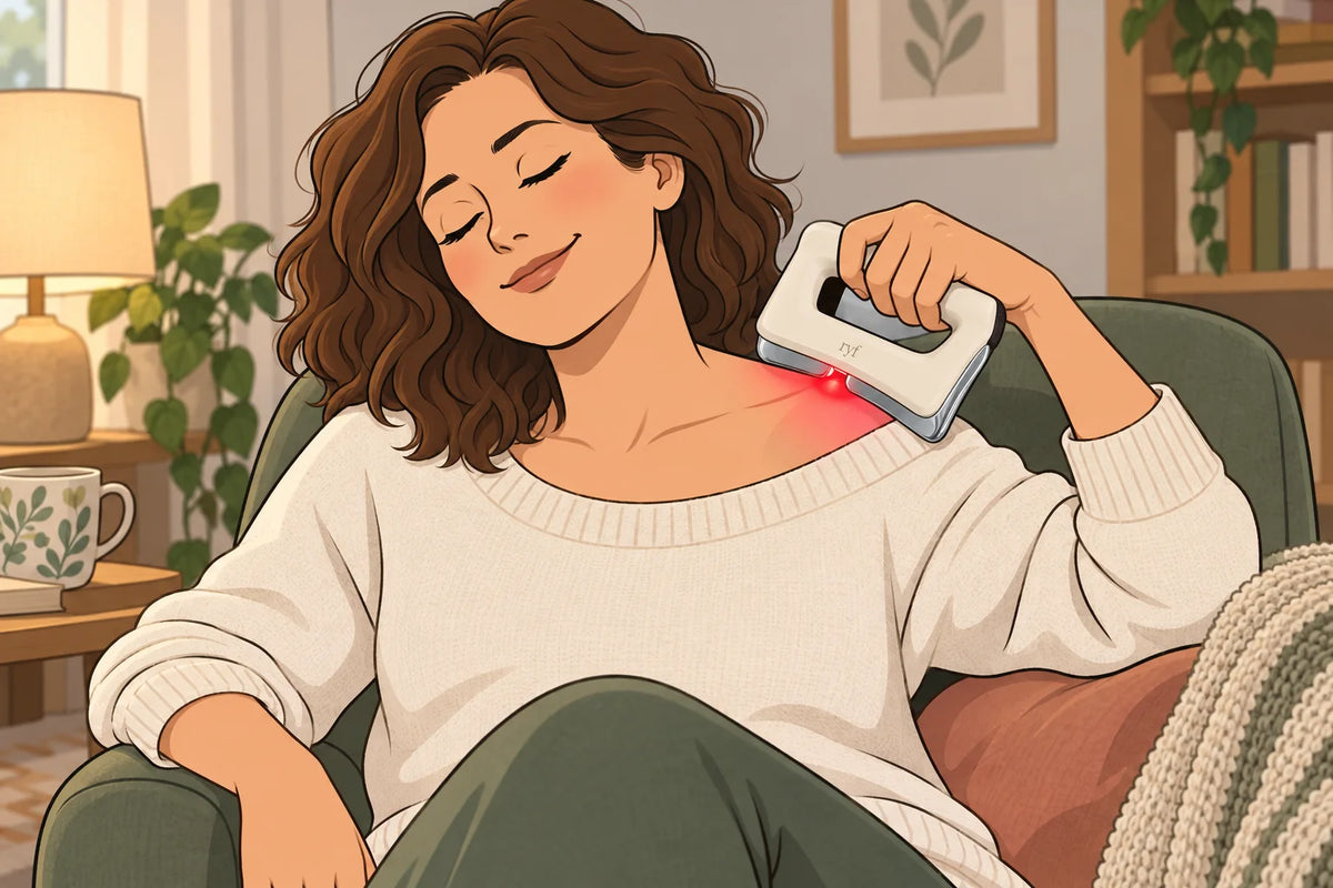 A woman relaxes in an armchair with FasciaWave on her shoulder, its red light on