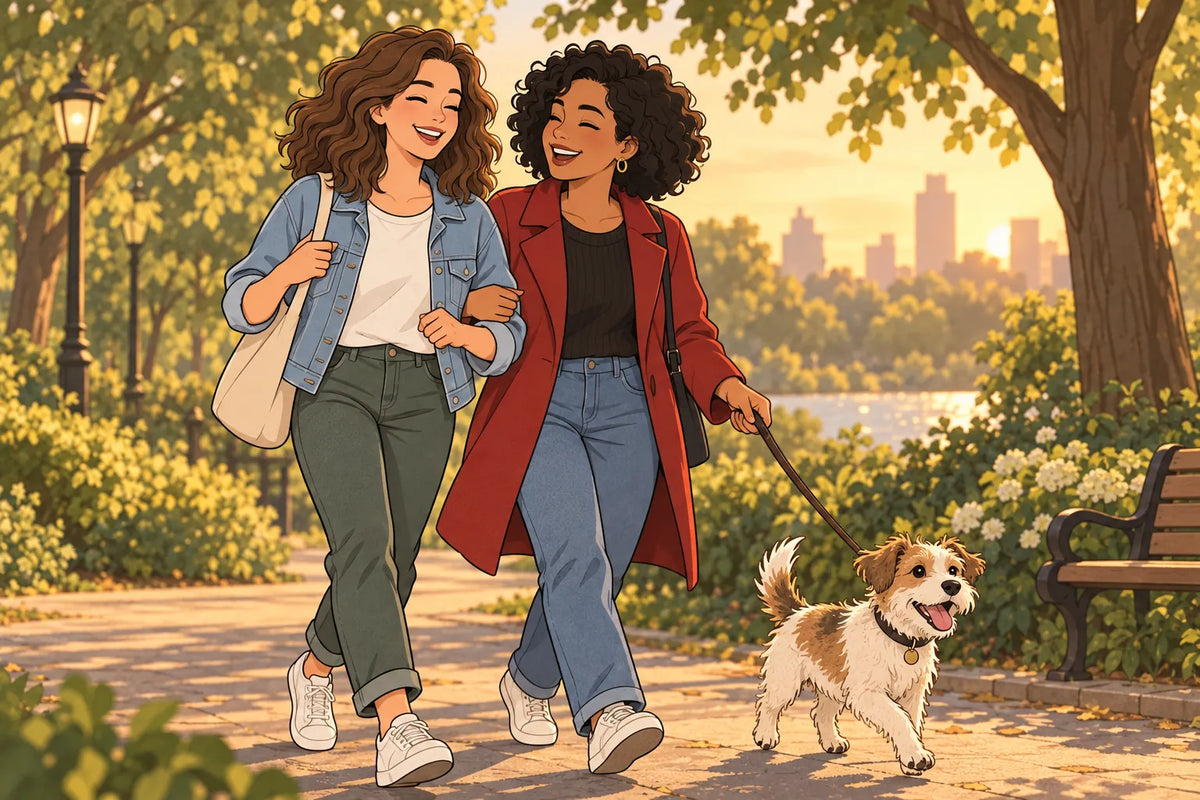 Two friends walking arm in arm through a park at sunset with a small dog