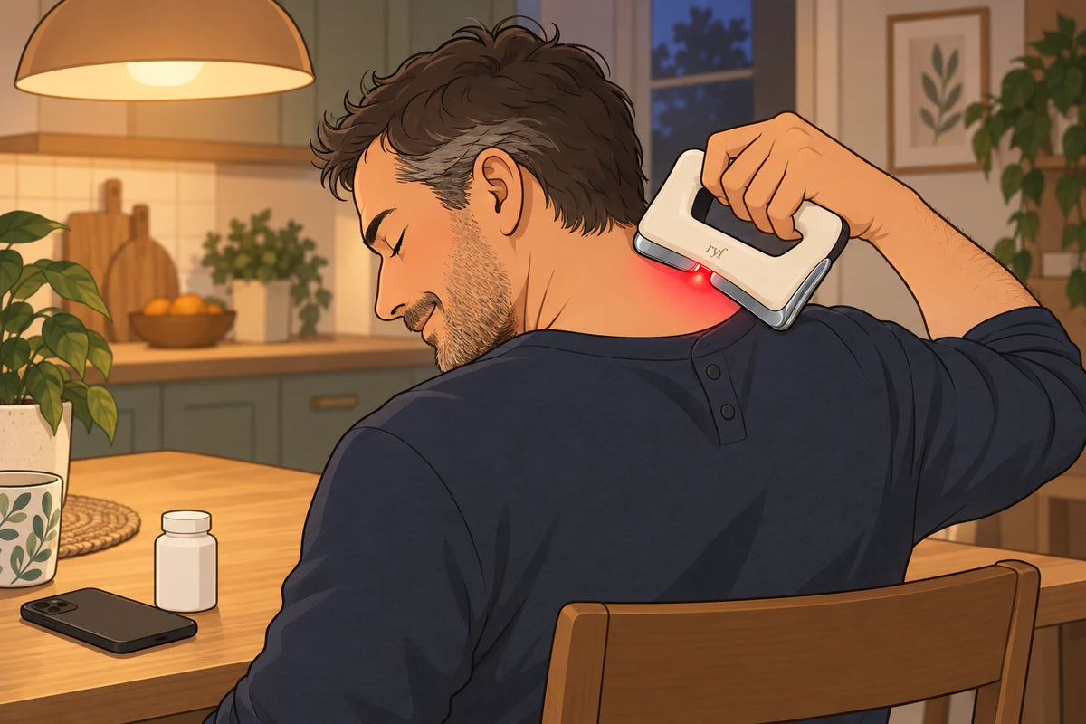 A man holds FasciaWave on the back of his neck at the kitchen table
