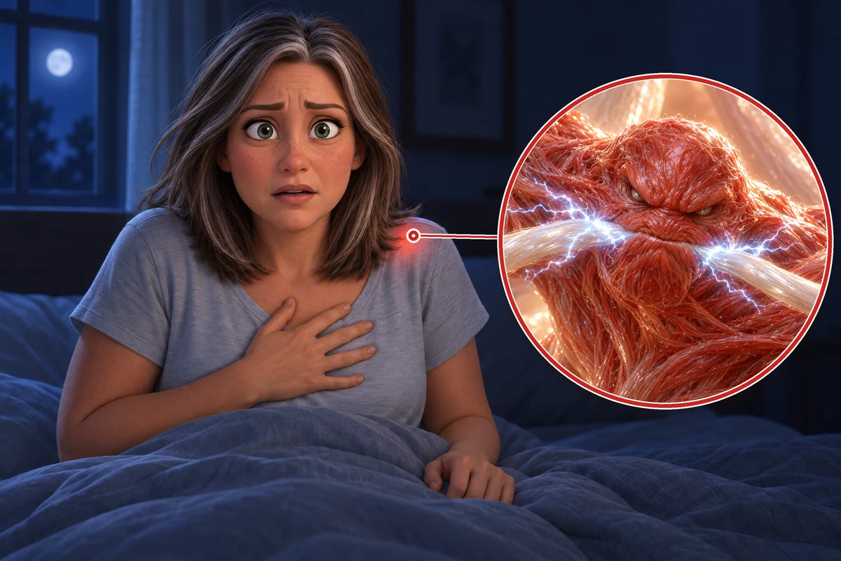 A woman sitting bolt upright in bed at night, hand on her chest; a magnified circle at her shoulder shows a red creature clamped onto a sparking nerve