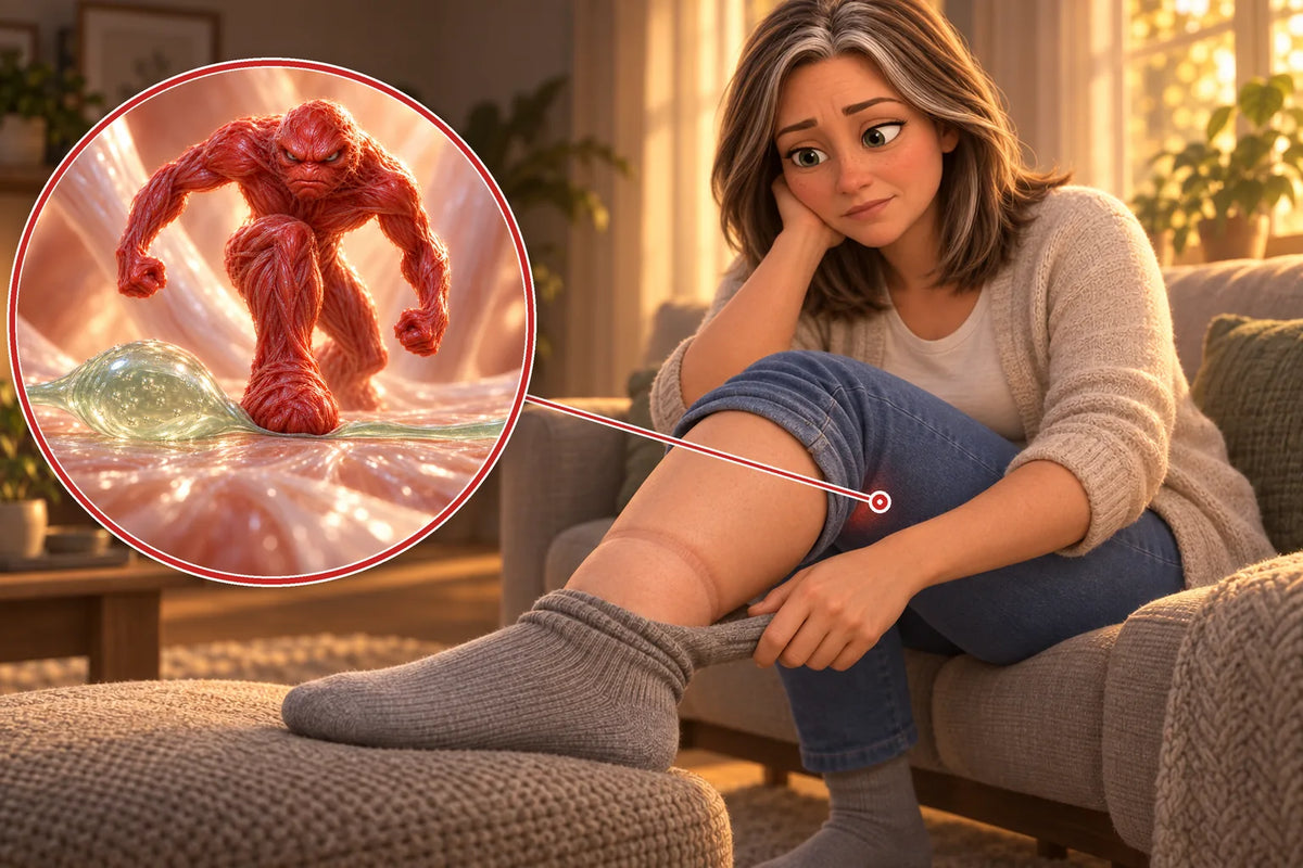 A woman on a sofa rolling down her sock, with a deep ring pressed into her swollen ankle; a magnified circle shows a red creature standing on a vessel, which swells behind its foot