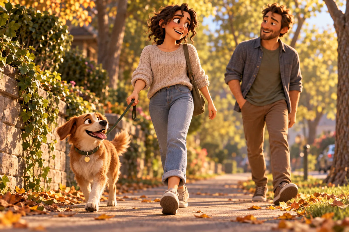 A woman walking the dog the long way with her partner on an autumn street, easy stride