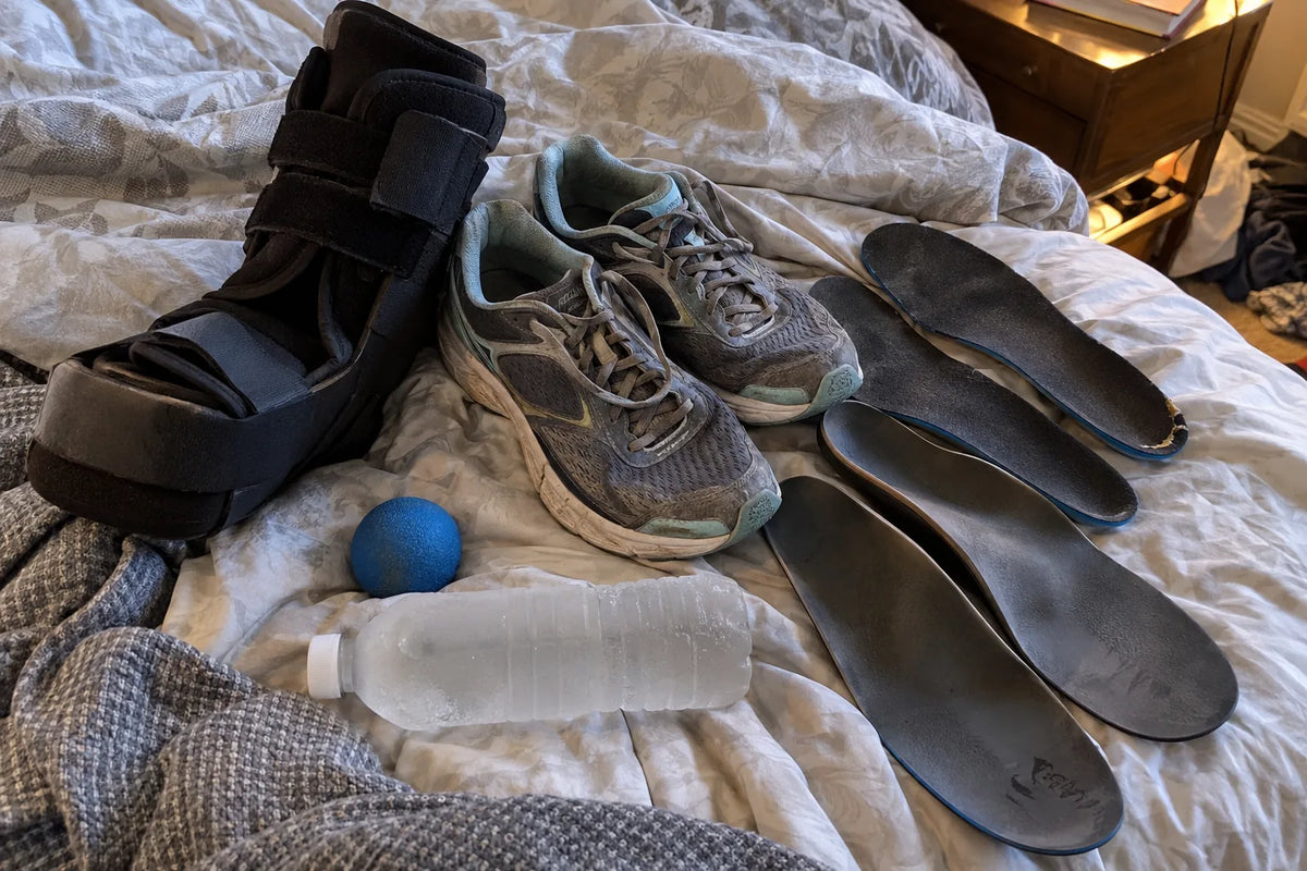 A night splint, running shoes, insoles, a massage ball and a frozen water bottle piled on a bed