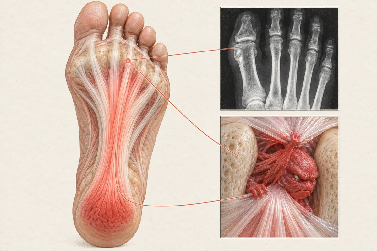 The sole of the foot beside a clean X-ray that shows only bone, and a close-up of a hidden adhesion the X-ray cannot see