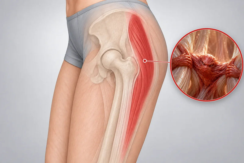 The outer hip and thigh with the spot where they meet highlighted, and a magnified view of an adhesion gripping the fascia there