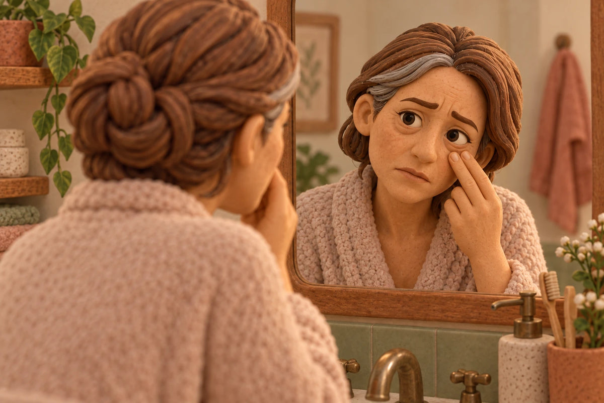 A woman leaning into the bathroom mirror, pressing under one tired, puffy eye