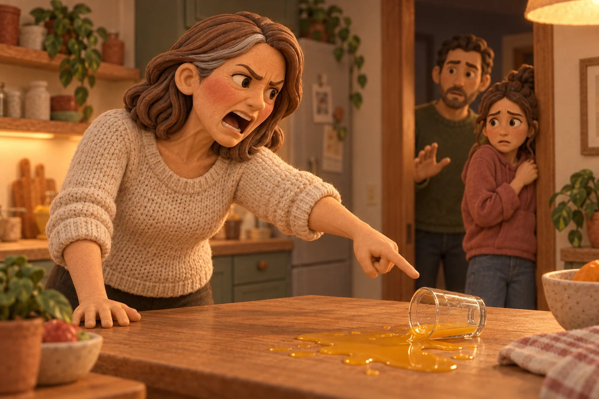 A woman shouting and pointing at a spilled glass of juice while her daughter shrinks back in the doorway and her husband freezes