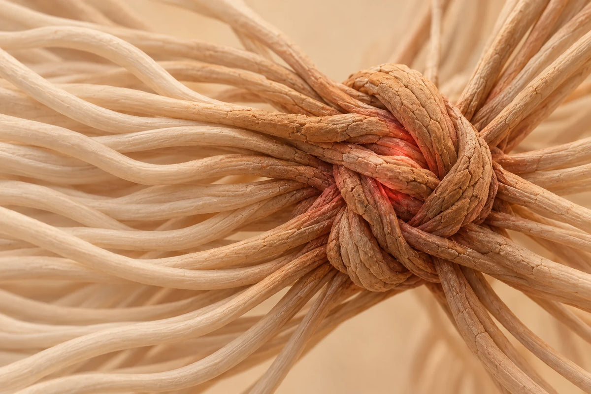 A close-up of fascia fibres drying out, cracking and fusing into one hard knot