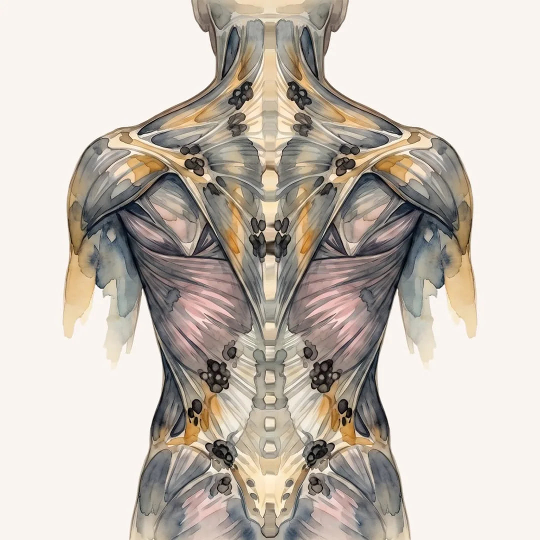 A back with stiff, knotted fascia holding years of stress