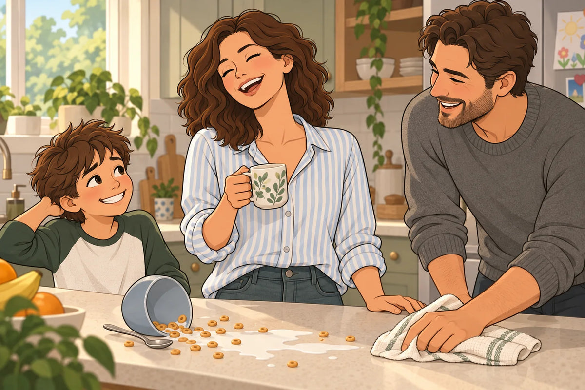 A mother laughs over spilled cereal with her son and husband at breakfast