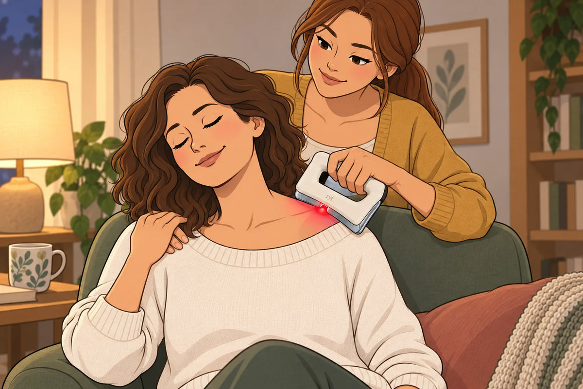 A daughter holds FasciaWave on her mother's shoulder