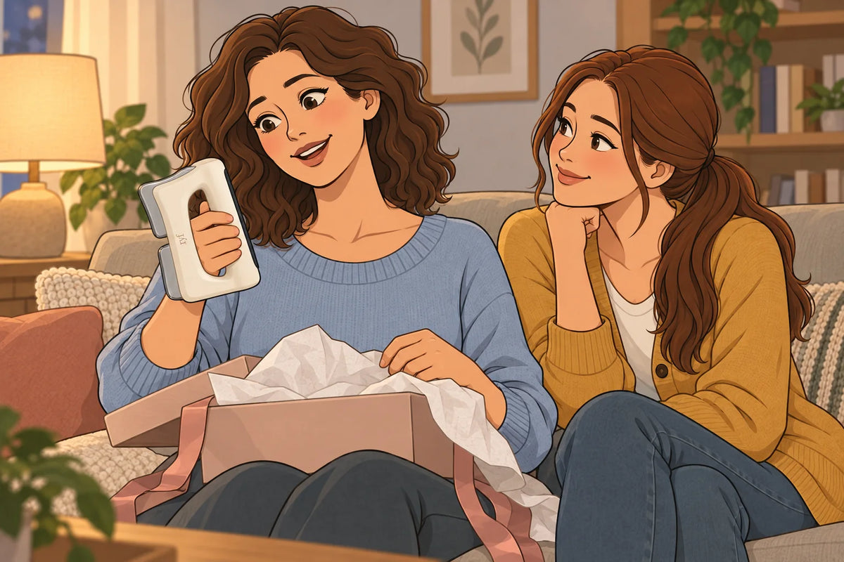 A woman lifts FasciaWave out of a gift box while her daughter watches, smiling