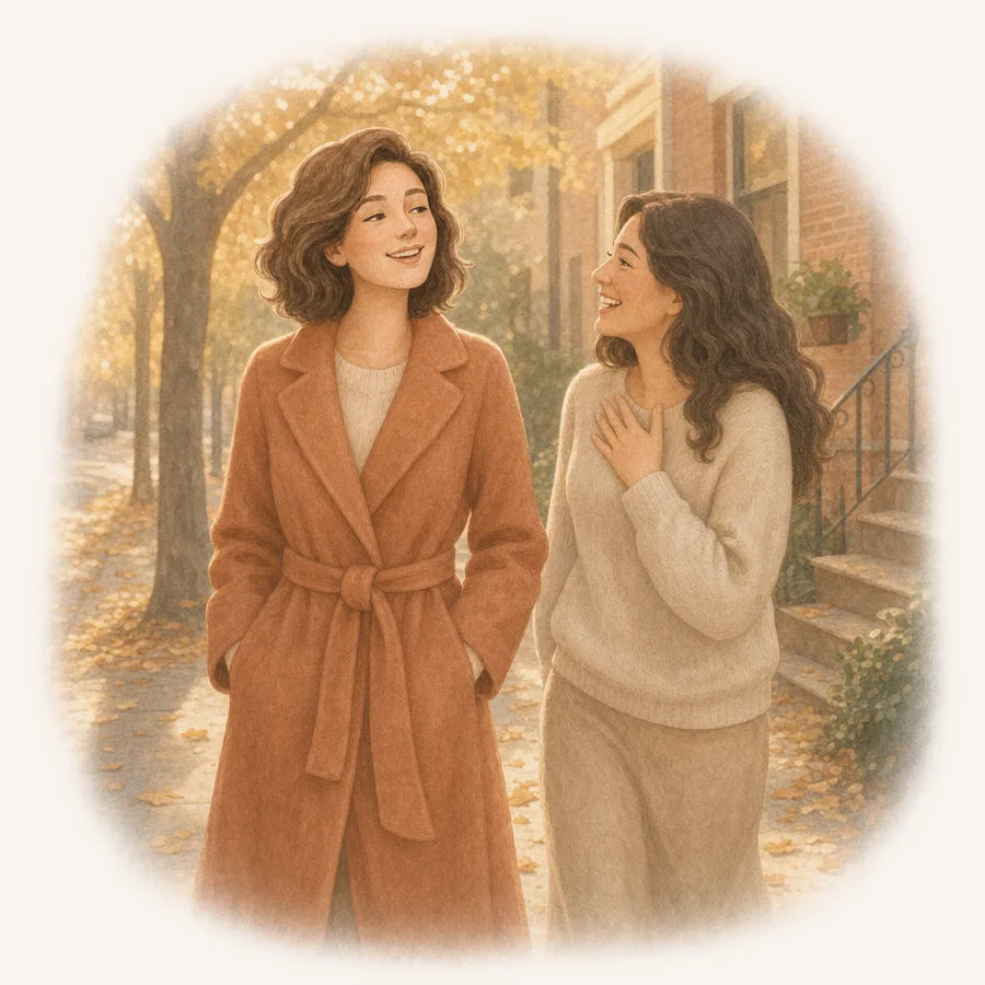 A woman walking in autumn sun, glowing, as a friend tells her she looks amazing