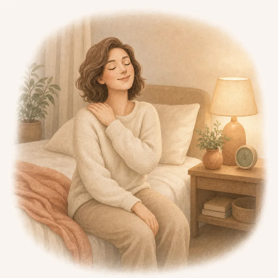 A woman sitting on the edge of her bed at night, eyes closed, shoulders relaxed, letting go