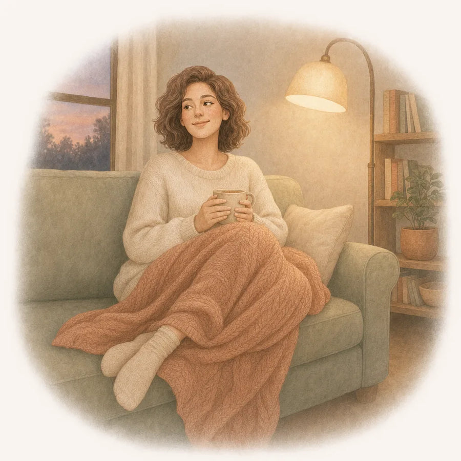 A woman curled up on the sofa with tea and a blanket, relaxed