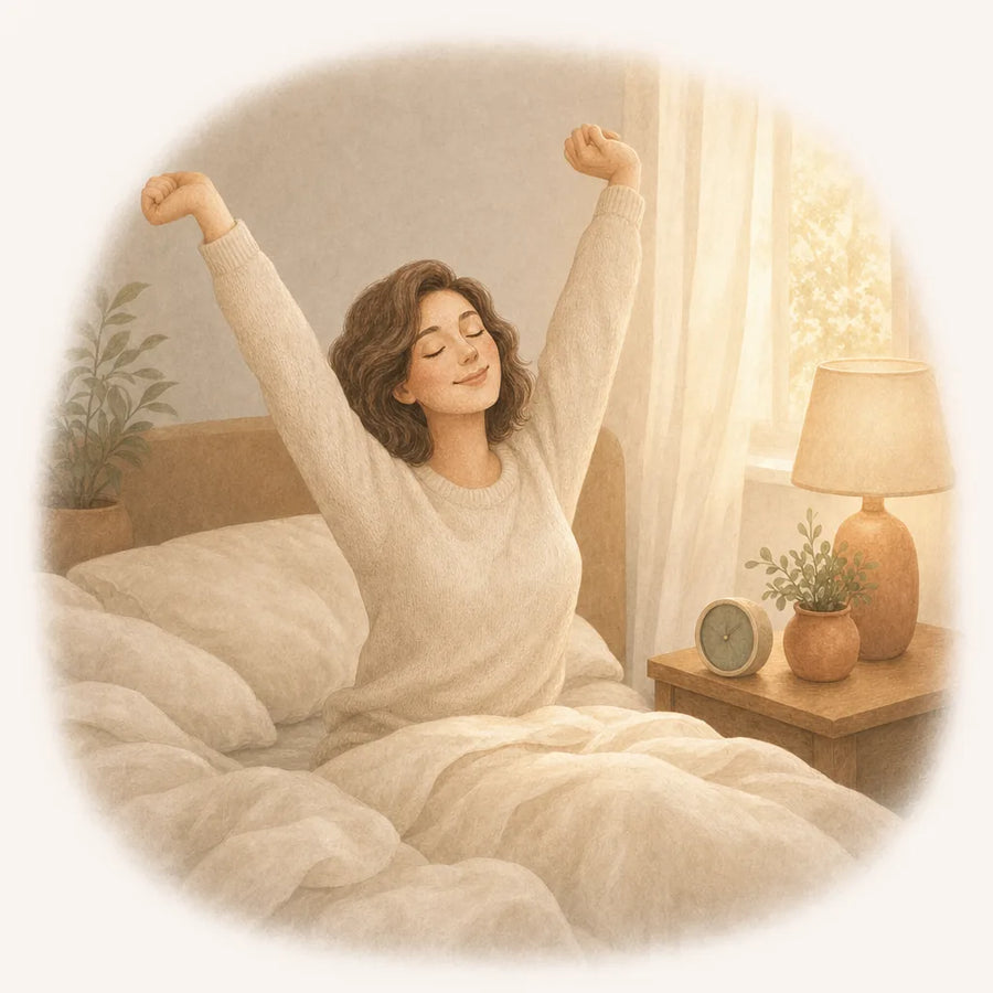 A woman stretching in bed in the morning light, rested