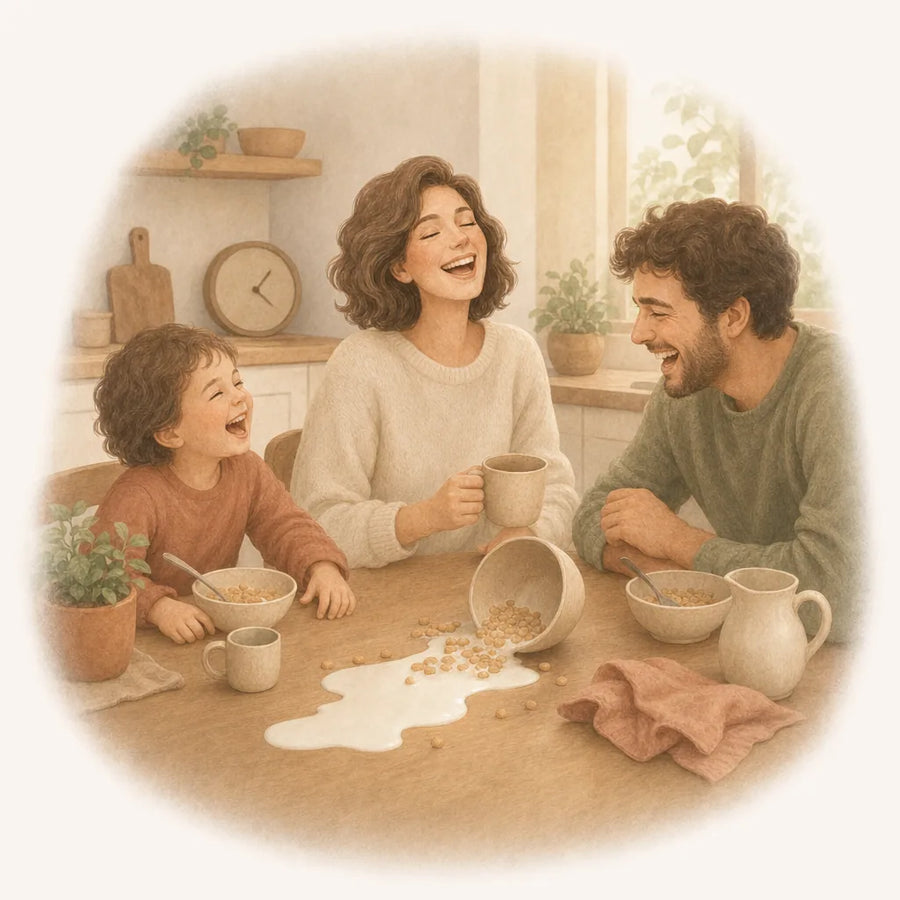 A woman laughing with her family over spilled cereal at breakfast