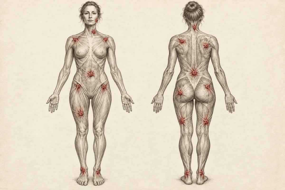 An anatomical drawing of a woman's body, front and back, with red knots marked across it