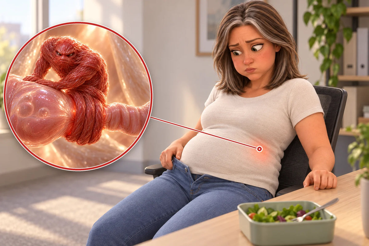 A woman leaning back at her desk with a swollen stomach and her jeans unbuttoned; a magnified circle shows a red creature coiled around the gut, which balloons behind it