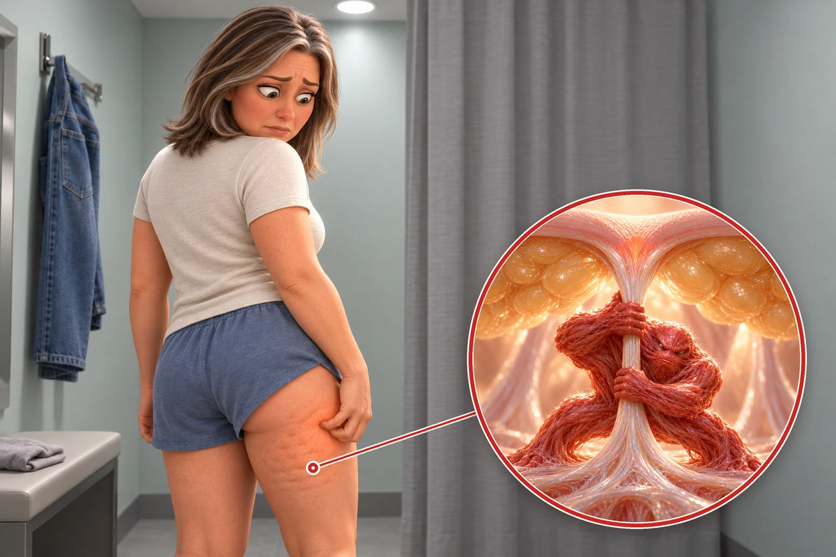 A woman in a fitting room looking back at the dimpled skin on the back of her leg; a magnified circle shows a red creature hauling a band under the skin down into a dimple