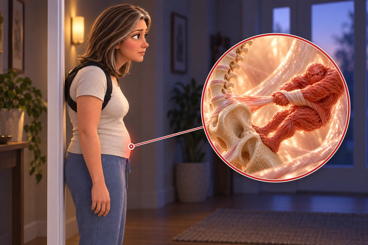 A woman standing side-on in a hallway wearing a posture corrector, her stomach pushed forward; a magnified circle shows a red creature braced on the pelvis, pulling the spine forward