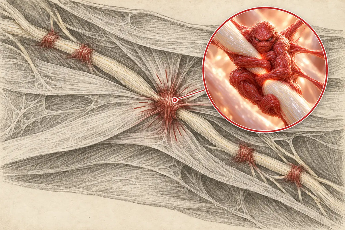 An anatomical drawing of a nerve running through fascia with red knots cinched around it; a magnified circle shows the largest knot as a red creature gripping the nerve