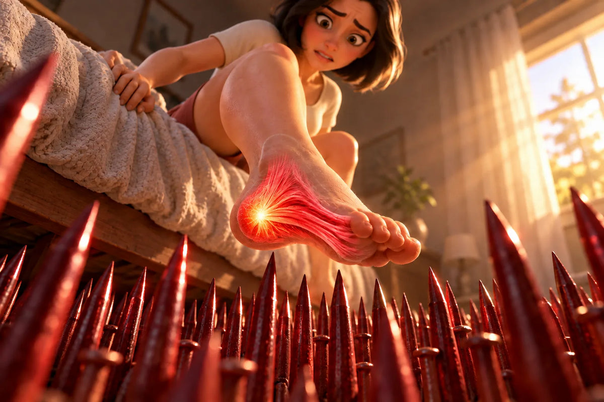 A woman at the edge of her bed lowers her bare foot toward a floor of red spikes, the band under her heel glowing red