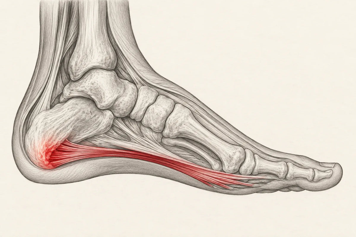 Illustration of the foot showing the plantar fascia pulled tight from the heel, glowing red where it meets the heel bone