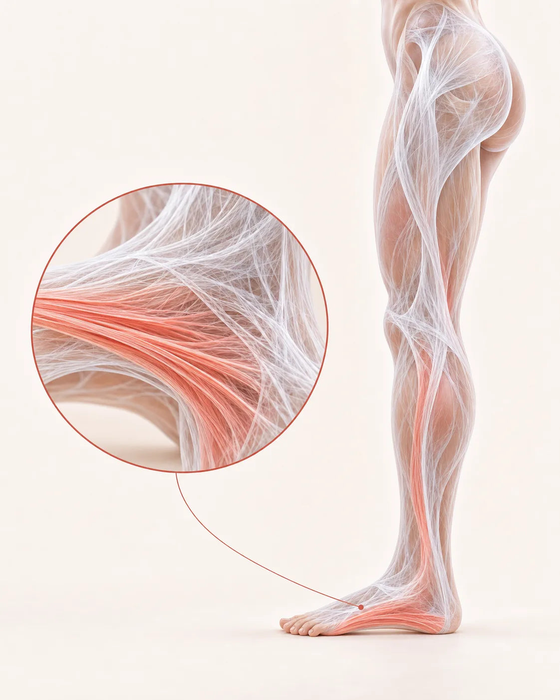 A leg wrapped in a web of fascia from hip to toes, with a close-up of the band under the foot as one strand of it