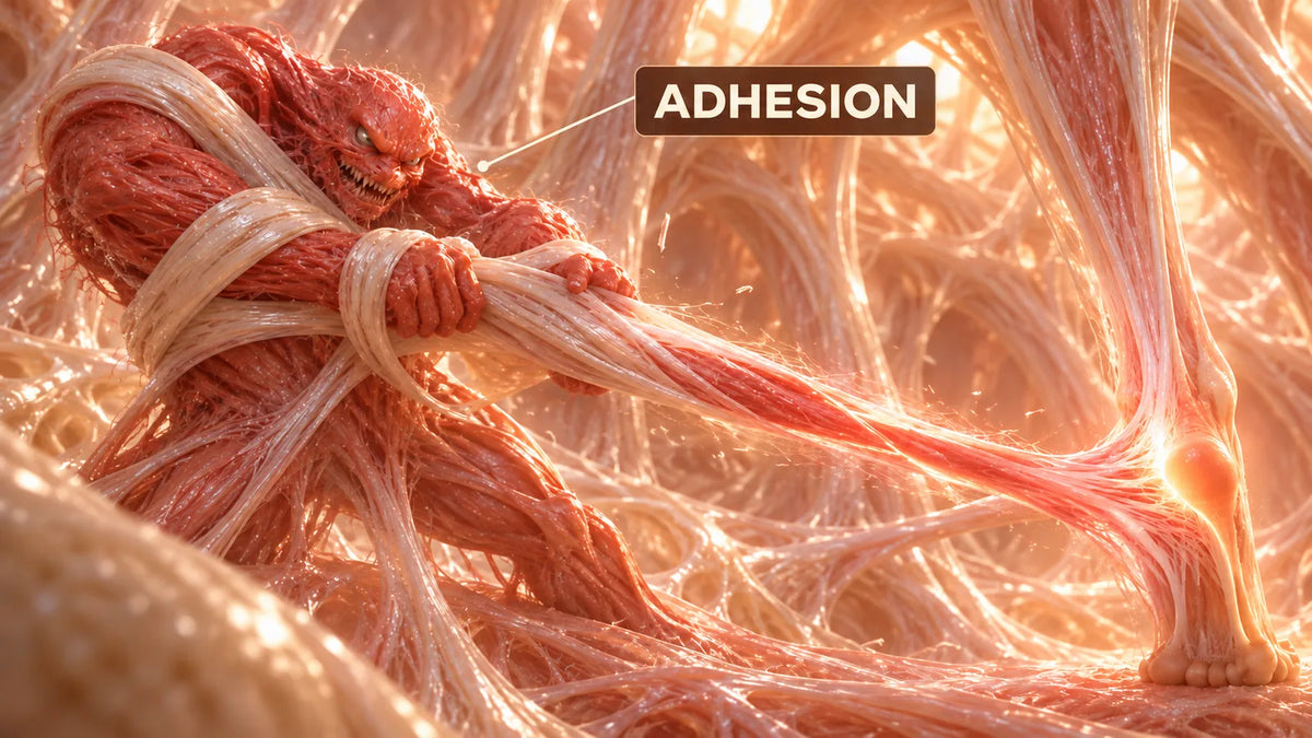 An adhesion clamped onto the fascia web, dragging a strand tight down toward a glowing heel