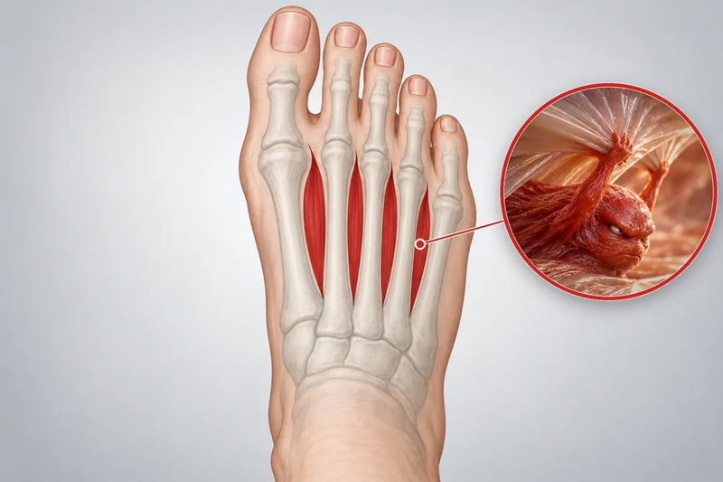 The top of the foot with the channels between the toe bones highlighted, and a magnified view of an adhesion gripping the fascia there