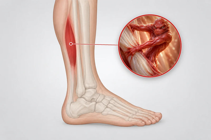 The lower leg from the outside with a spot low on the outer calf highlighted, and a magnified view of an adhesion gripping the fascia there