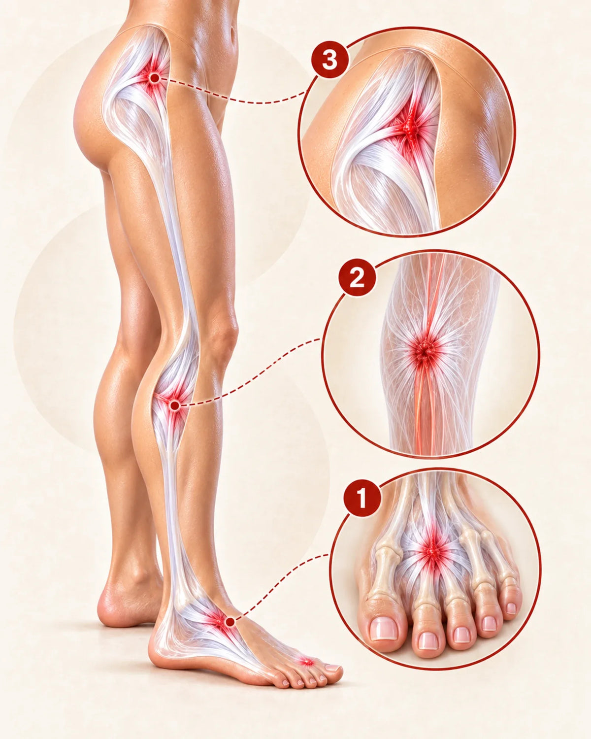 A leg with three numbered spots: the top of the foot, low on the outer calf, and the outer hip