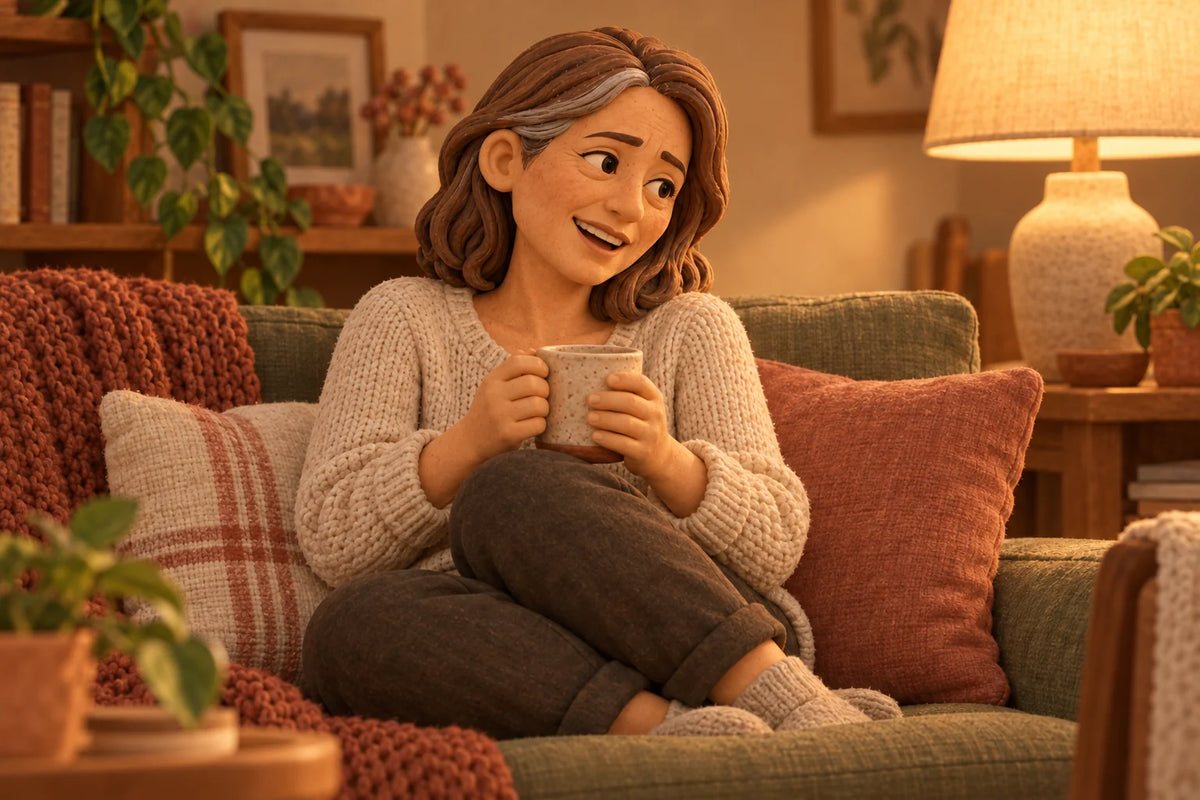 A woman relaxing on the sofa in the evening, tea in both hands, shoulders low, laughing