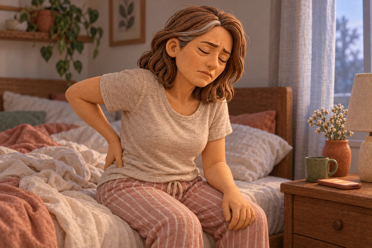 A woman sitting on the edge of her unmade bed at dawn, stiff, one hand pressed into her lower back