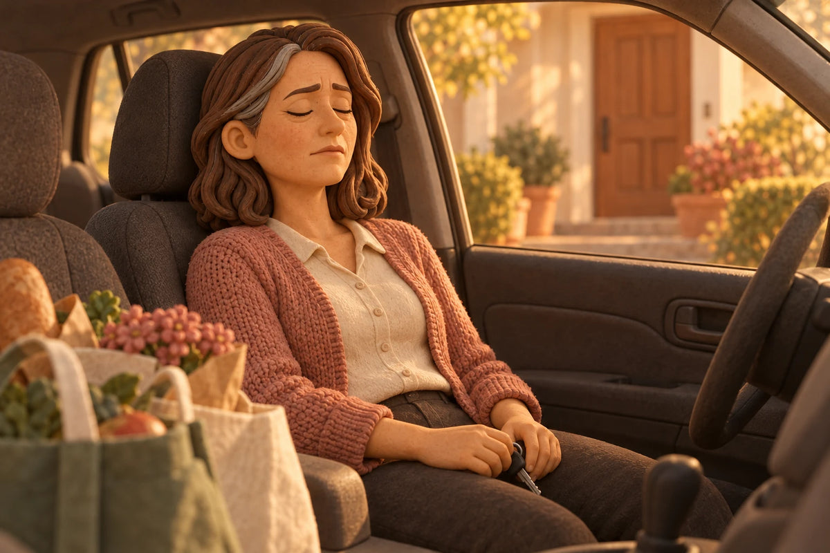A woman sitting in her parked car in the driveway, head back and eyes closed, keys resting in her lap