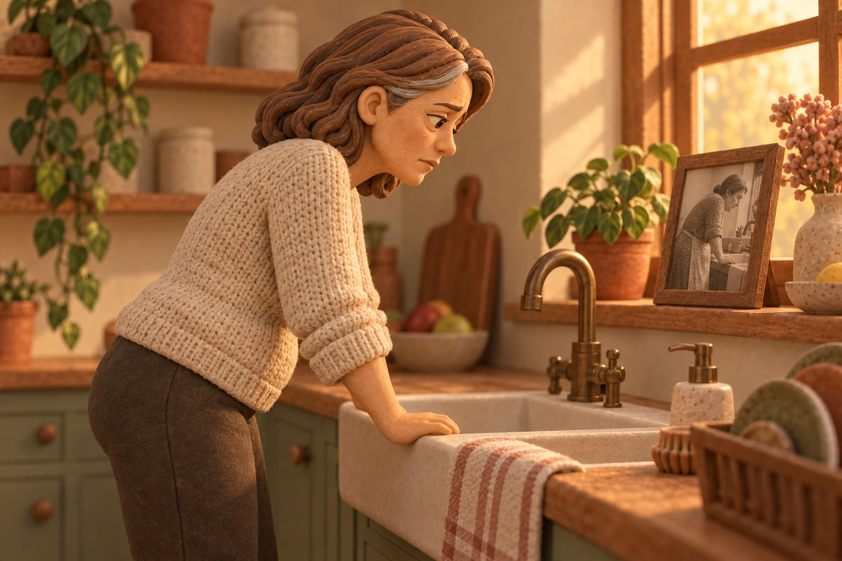 A woman bent over the kitchen sink, head forward and shoulders rounded, beside an old photo of her mother standing the same way