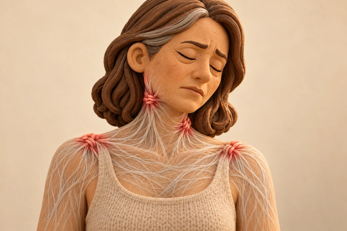 A woman with a fine web of fascia visible beneath her skin, knotted and glowing red at her jaw, neck and shoulders
