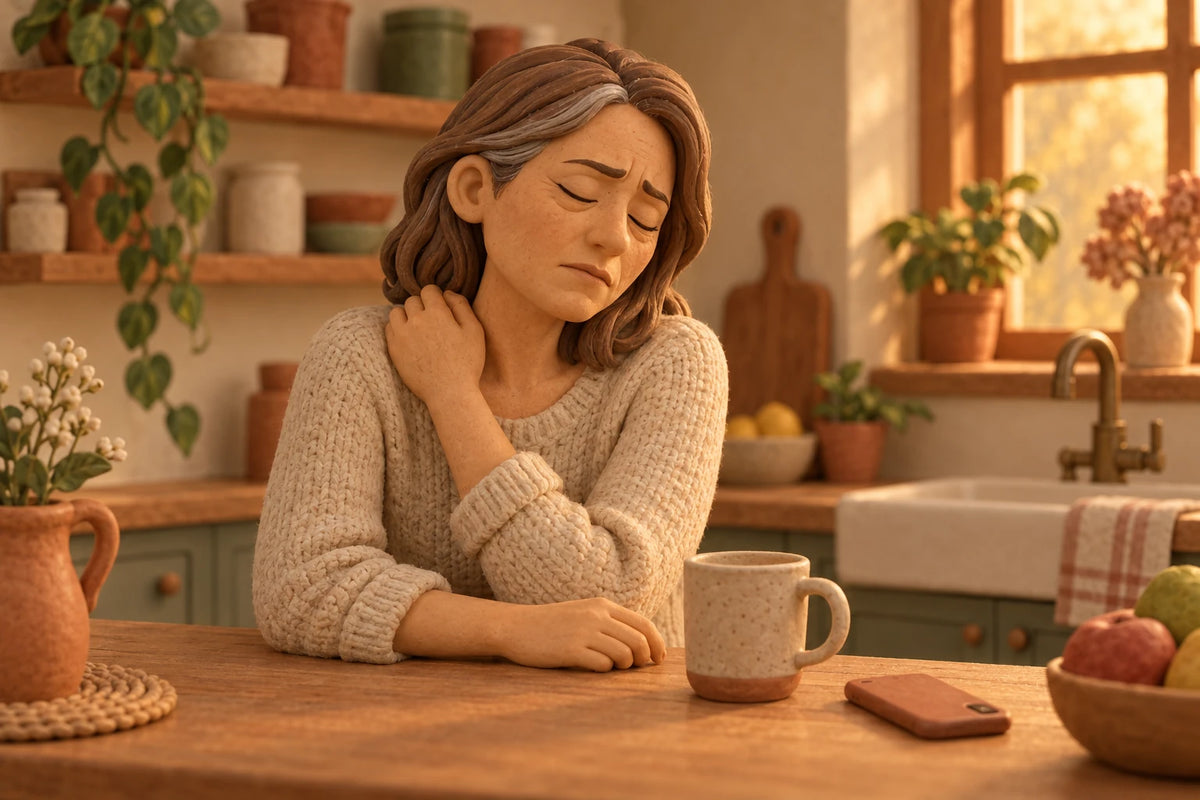 A woman at her kitchen counter late in the day, eyes closed, shoulders raised, two fingers pressed into the knot where her neck meets her shoulder